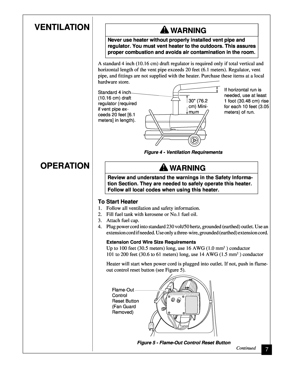 Desa RV125EDI owner manual Ventilation, Operation, To Start Heater 