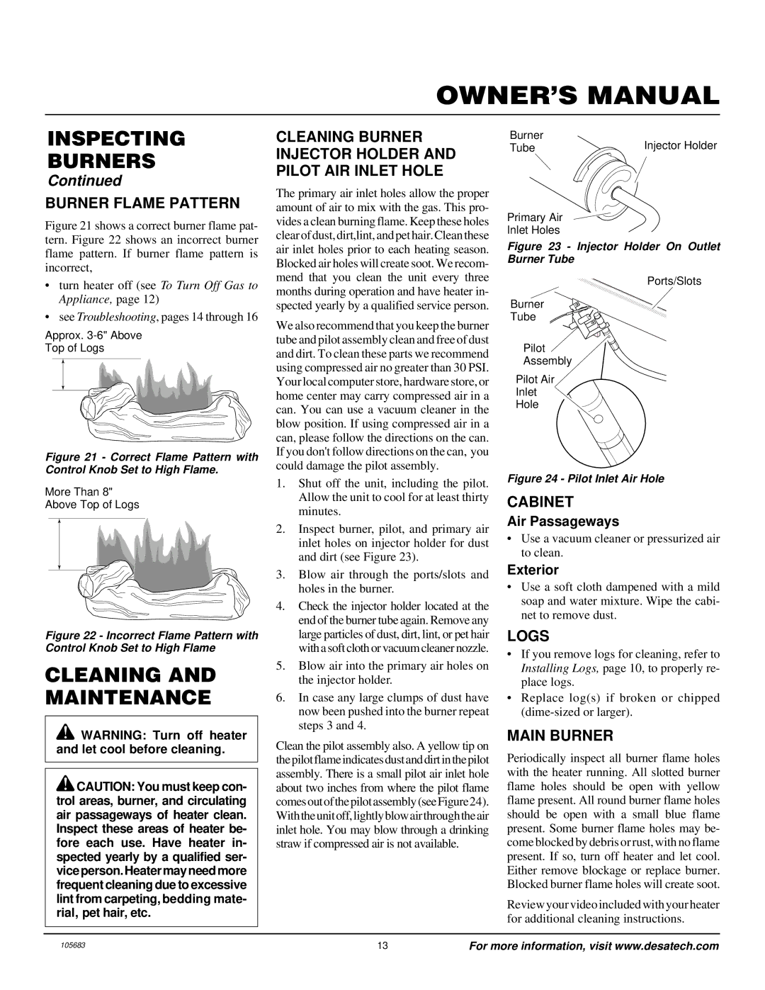 Desa S26NT installation manual Cleaning and Maintenance 