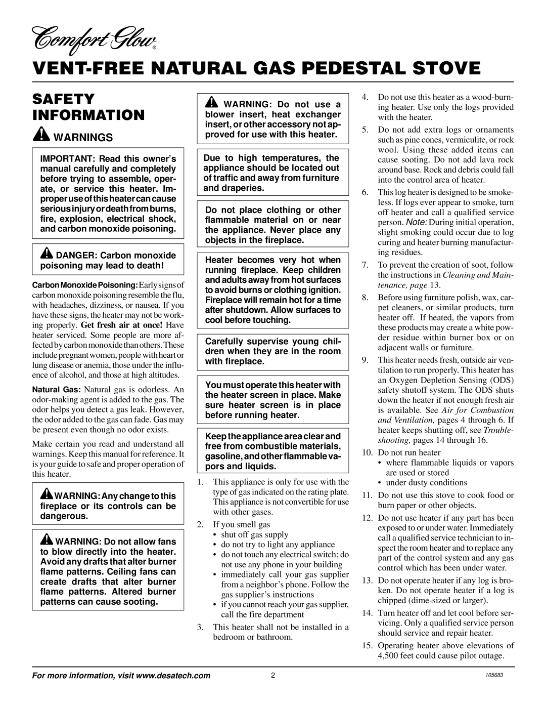 Desa S26NT installation manual VENT-FREE Natural GAS Pedestal Stove, Safety Information 