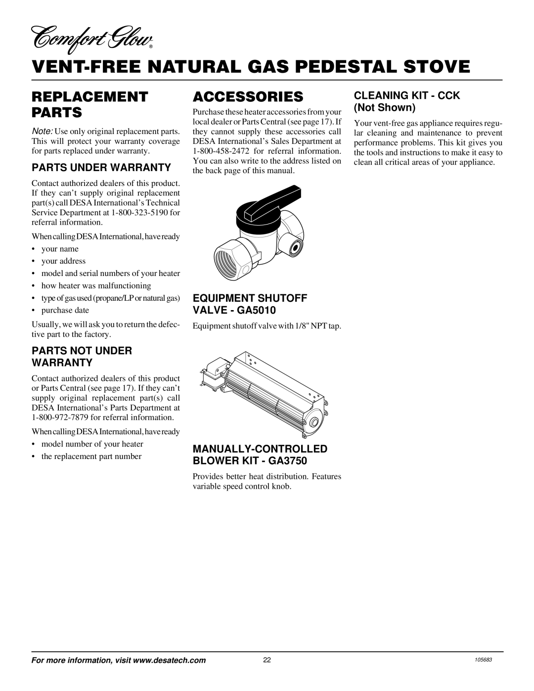 Desa S26NT installation manual Replacement Parts, Accessories 