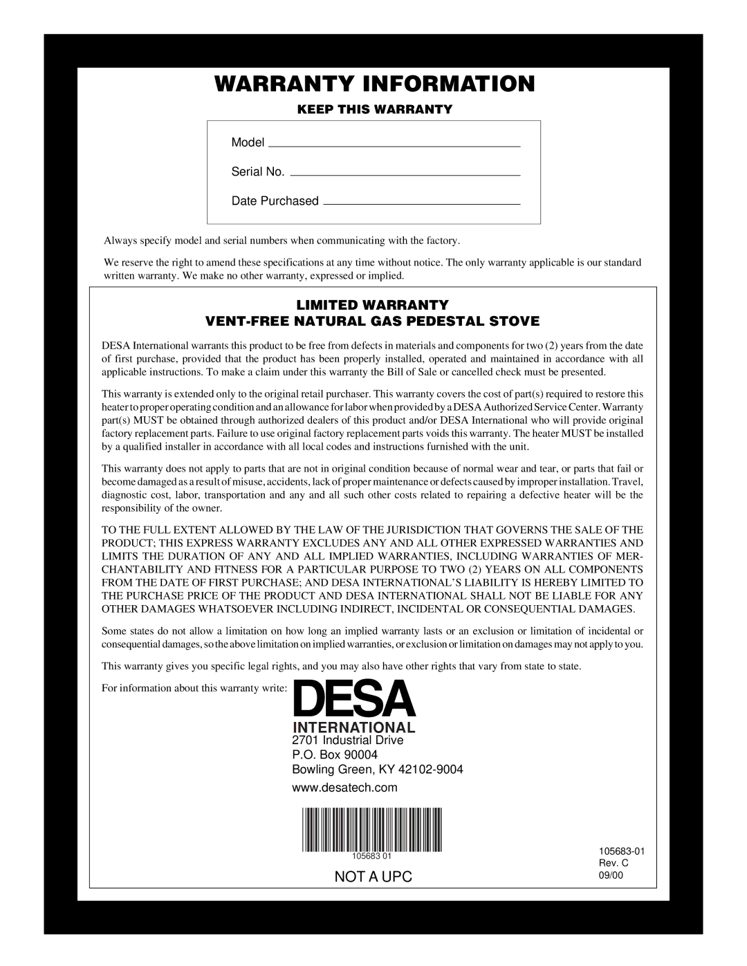 Desa S26NT installation manual International, Limited Warranty VENT-FREE Natural GAS Pedestal Stove 