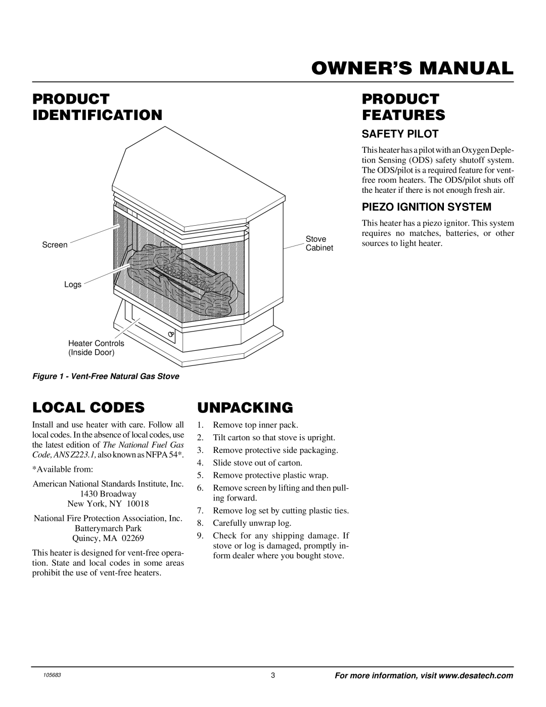 Desa S26NT installation manual Product Identification, Product Features, Local Codes, Unpacking 