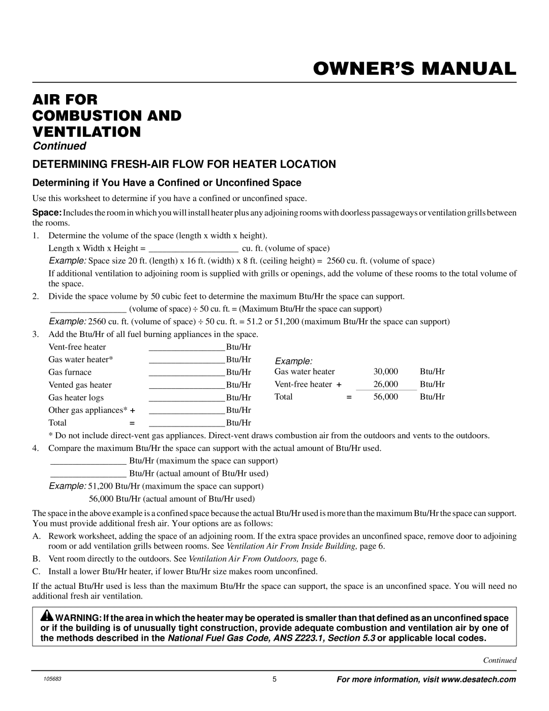 Desa S26NT installation manual AIR for Combustion Ventilation, Determining FRESH-AIR Flow for Heater Location 