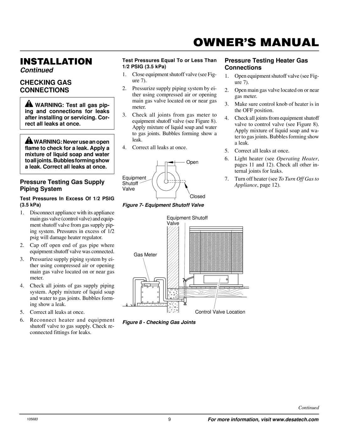 Desa S26NT Checking GAS Connections, Pressure Testing Gas Supply Piping System, Pressure Testing Heater Gas Connections 