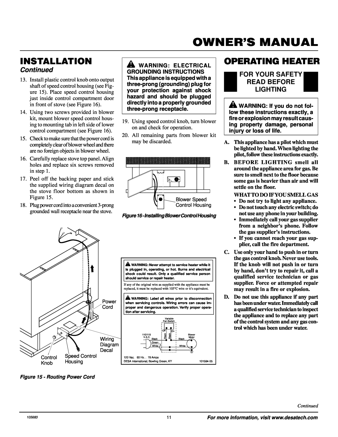Desa S26NT Operating Heater, For Your Safety Read Before Lighting, Owner’S Manual, Installation, Continued 