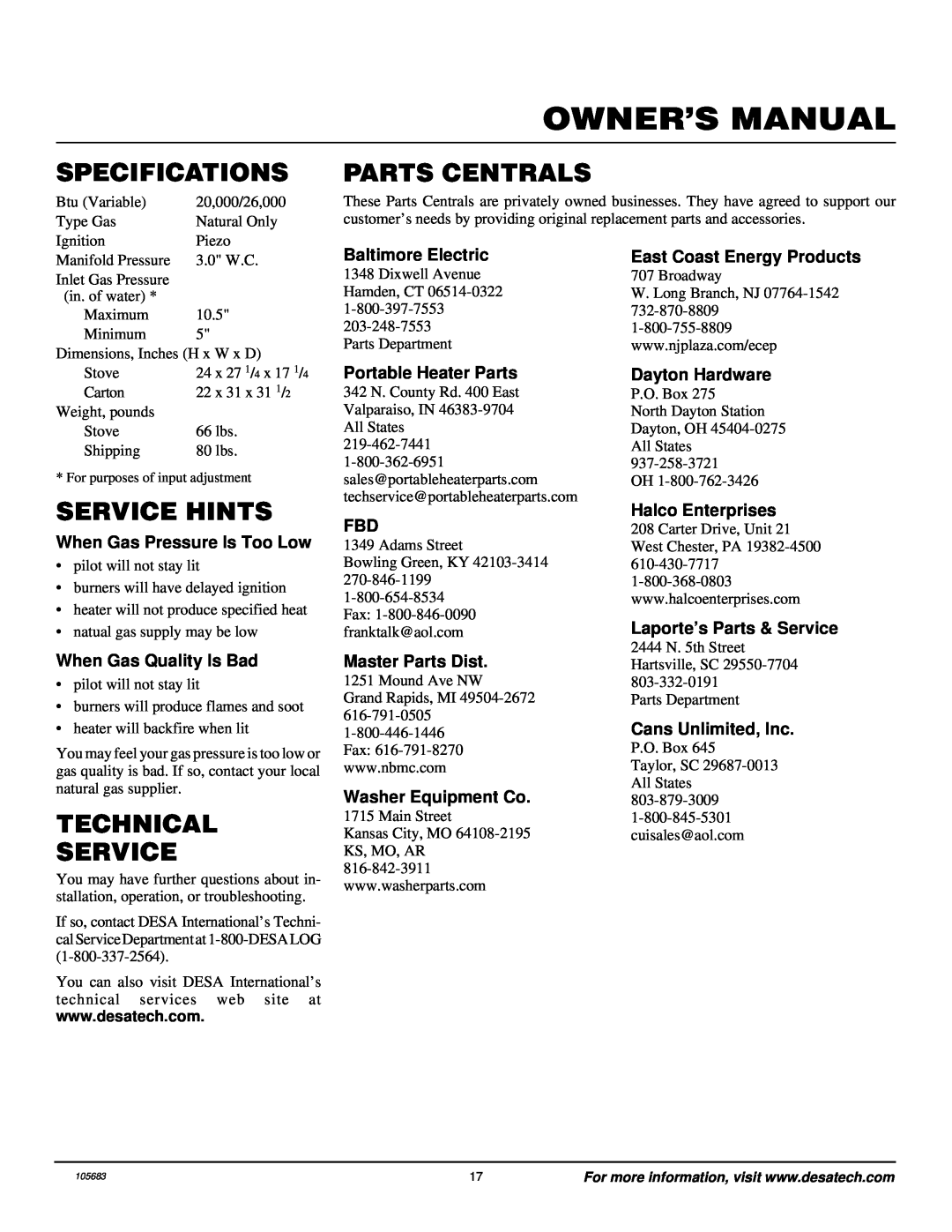 Desa S26NT installation manual Specifications, Parts Centrals, Service Hints, Technical Service, Owner’S Manual 