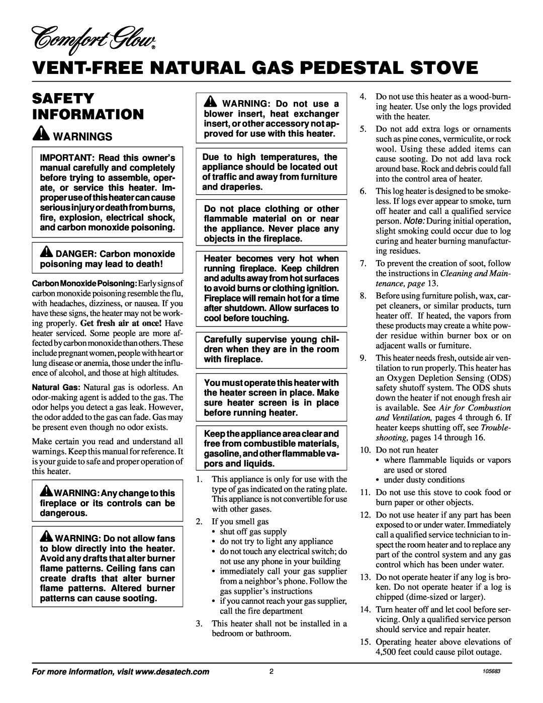 Desa S26NT installation manual Vent-Free Natural Gas Pedestal Stove, Safety Information, Warnings 