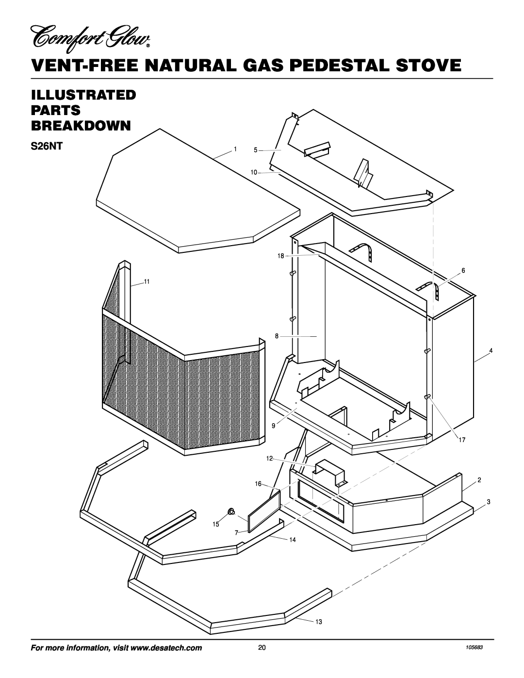 Desa S26NT installation manual Vent-Free Natural Gas Pedestal Stove, Illustrated Parts Breakdown, 105683 