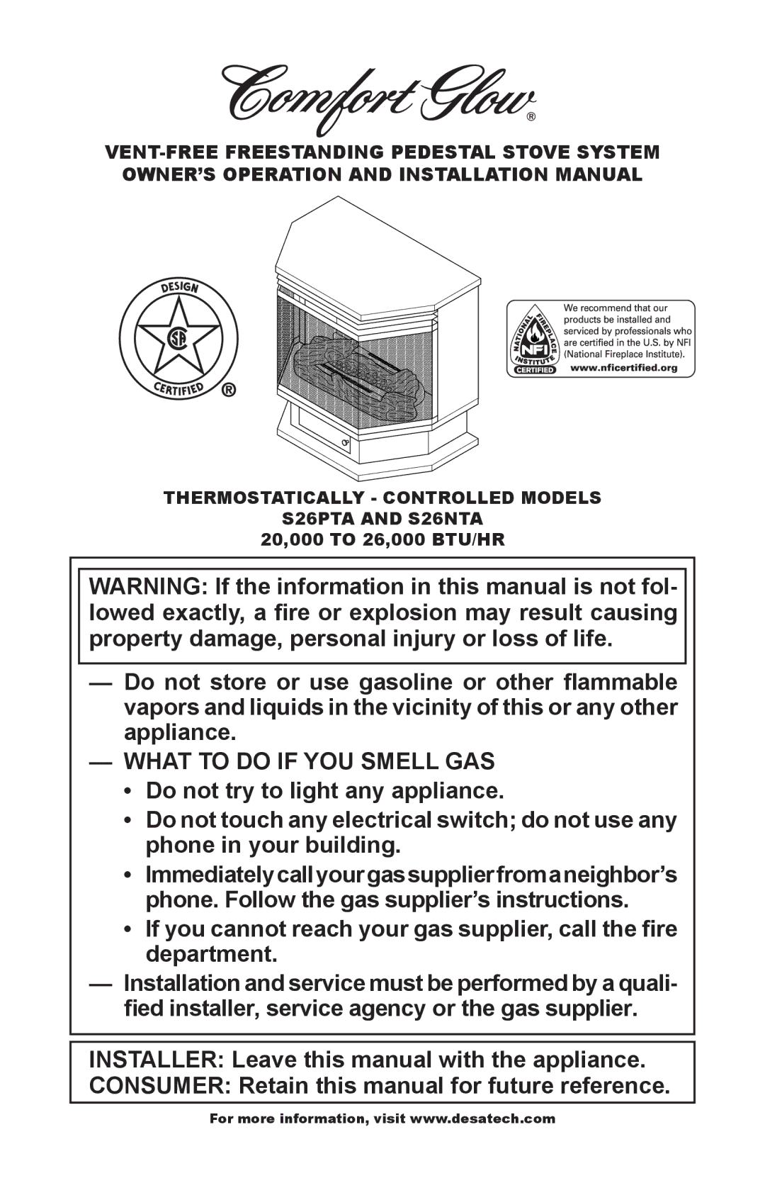 Desa S26PTA, S26NTA installation manual What to do if YOU Smell GAS 