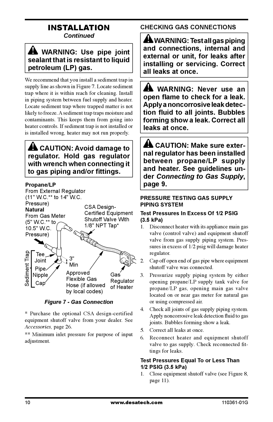 Desa S26NTA, S26PTA Checking GAS Connections, Propane/LP, Natural, Test Pressures Equal To or Less Than Psig 3.5 kPa 