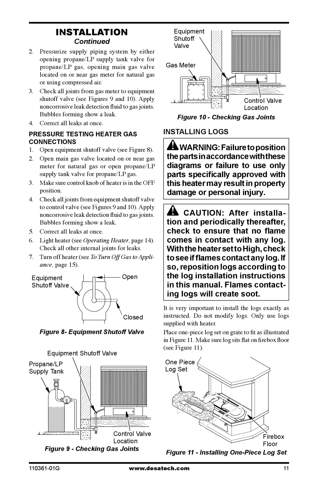 Desa S26PTA, S26NTA installation manual Installing Logs, Pressure Testing Heater Gas Connections 