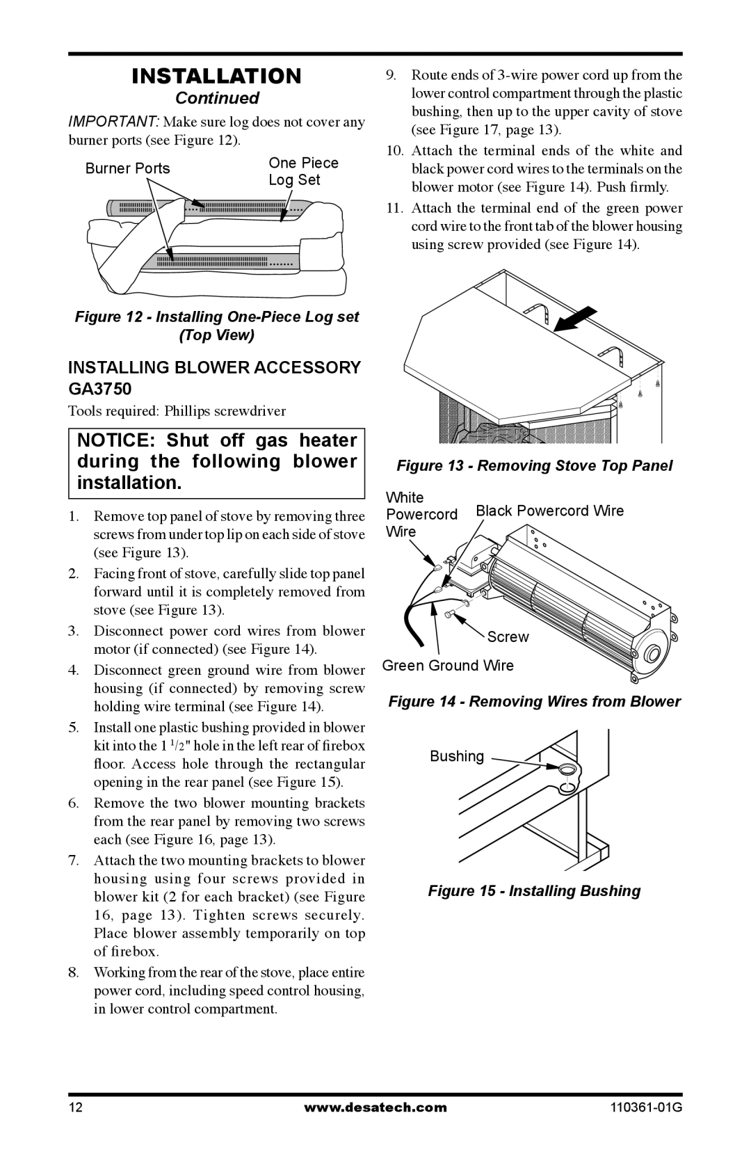 Desa S26NTA, S26PTA installation manual Installing Blower Accessory GA3750, Installing One-Piece Log set Top View 