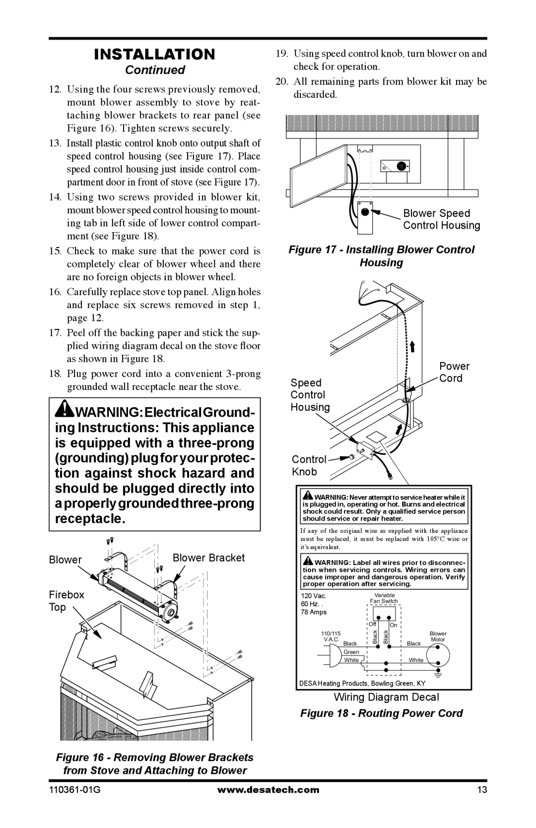 Desa S26PTA, S26NTA installation manual Installing Blower Control Housing 