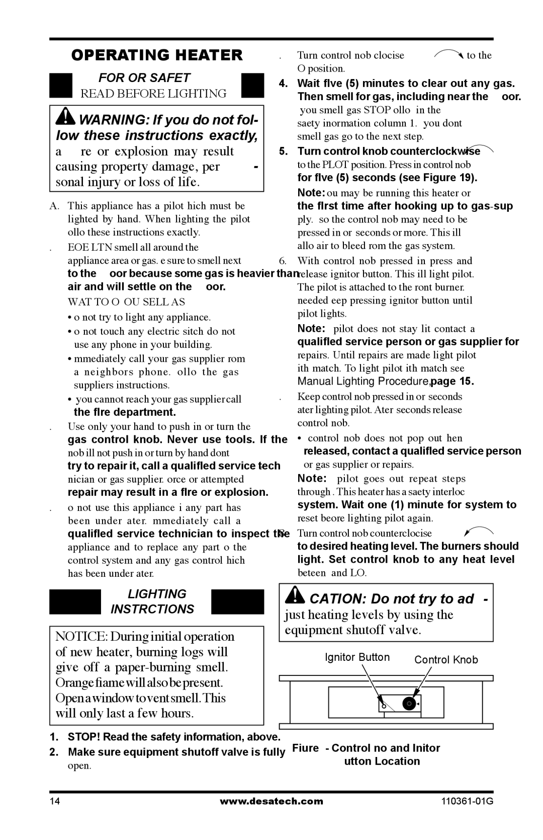 Desa S26NTA, S26PTA installation manual Operating Heater, For Your Safety Read Before Lighting, Lighting Instructions 