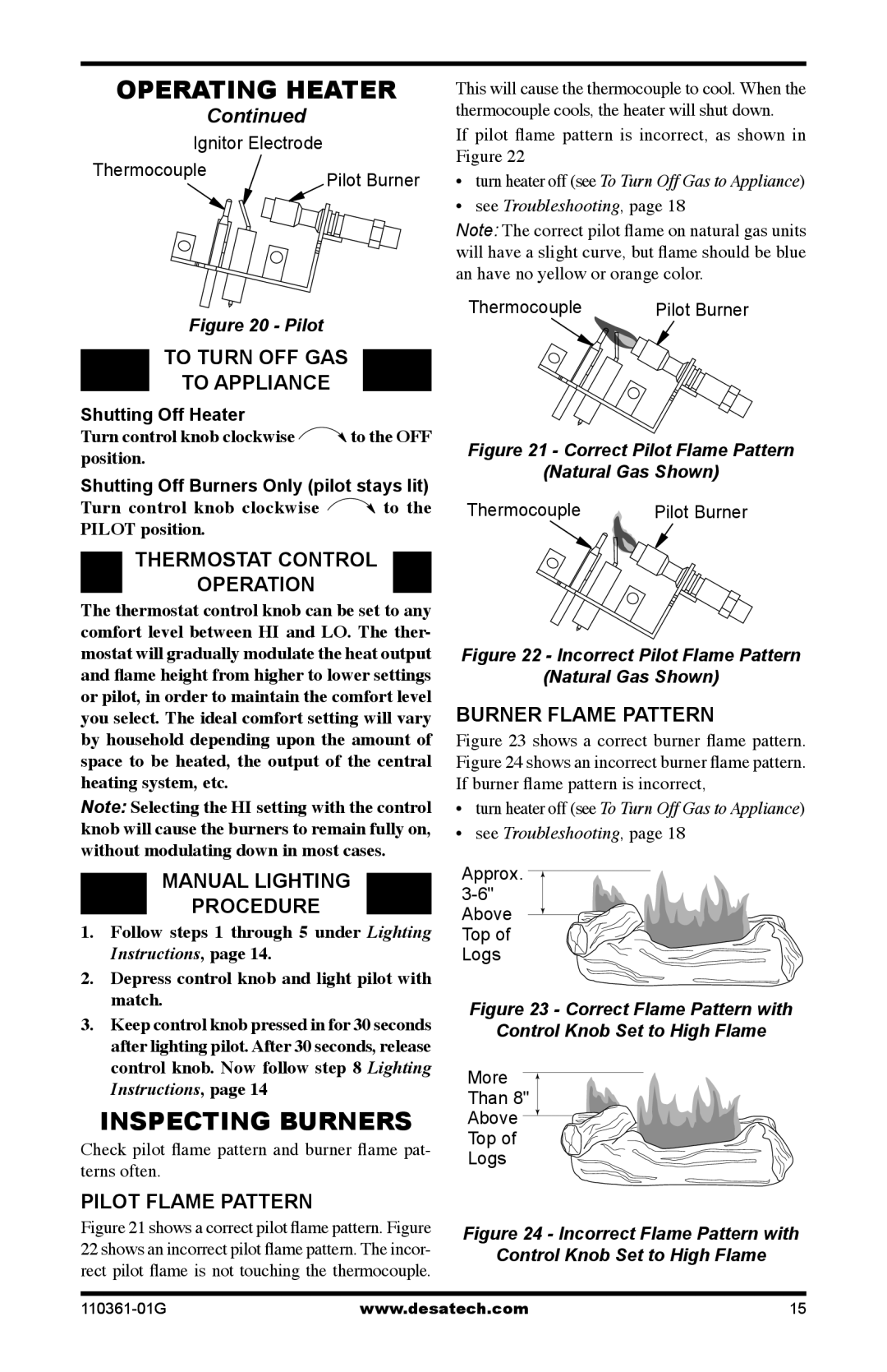 Desa S26PTA, S26NTA installation manual Operating Heater, Inspecting Burners 