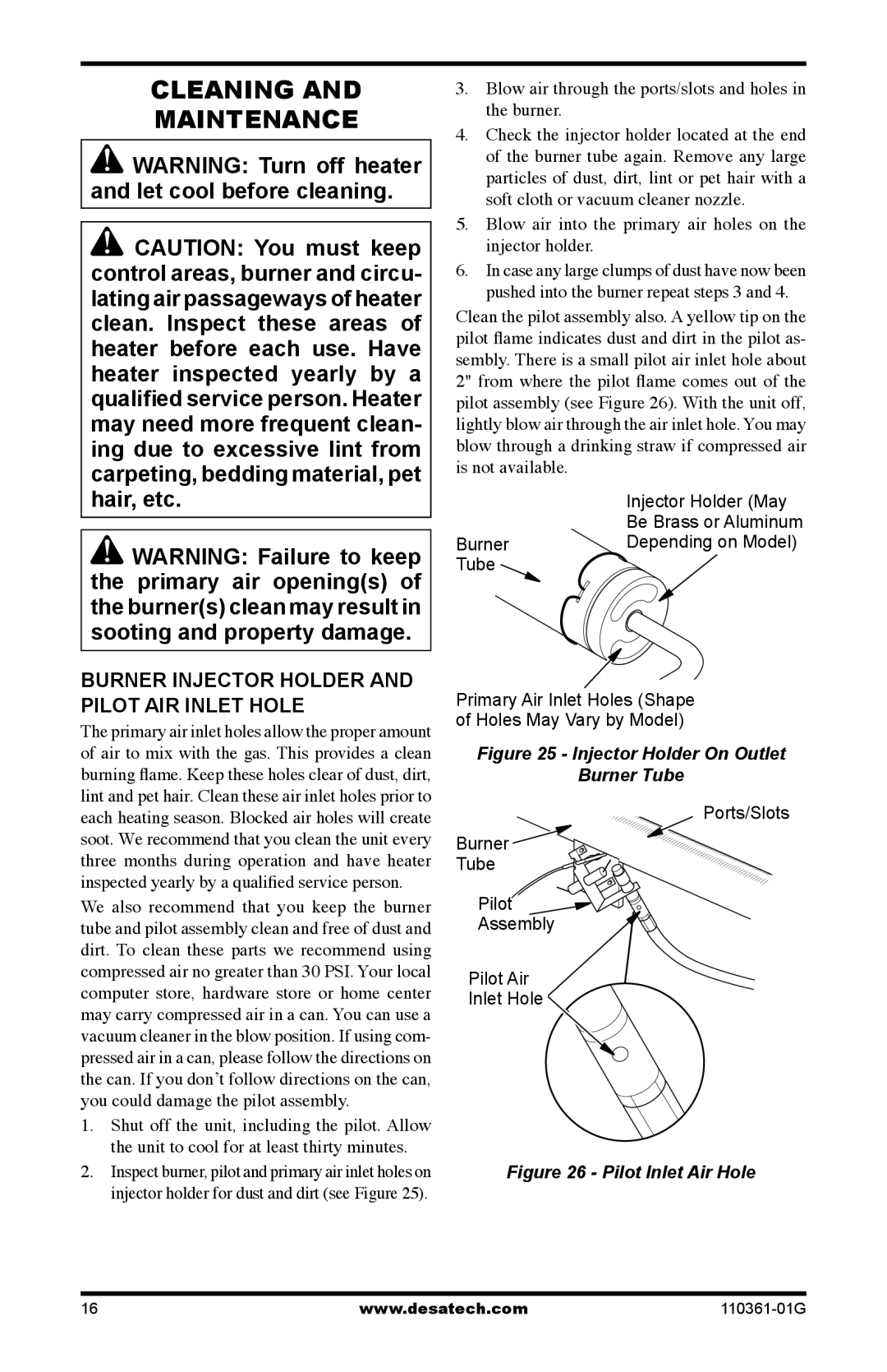 Desa S26NTA, S26PTA installation manual Cleaning Maintenance, Burner Injector Holder and Pilot Air Inlet Hole 