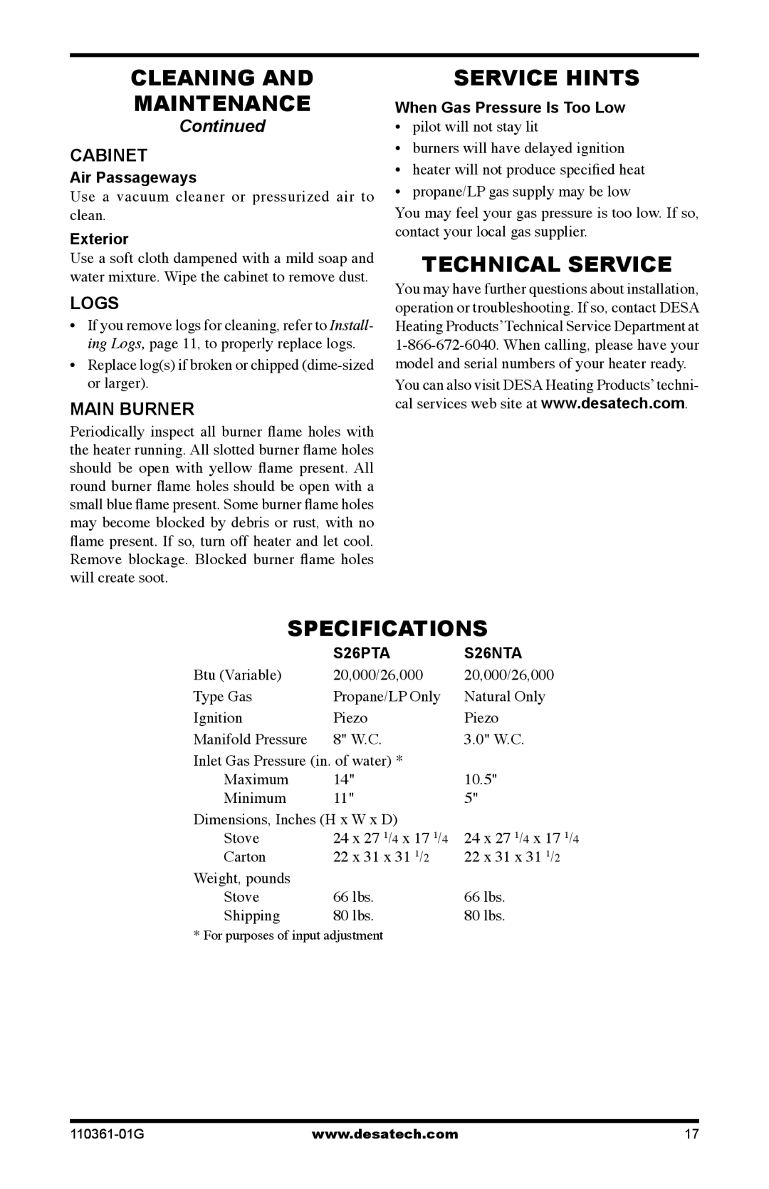 Desa S26PTA, S26NTA installation manual Cleaning Maintenance, Service Hints, Technical Service, Specifications 