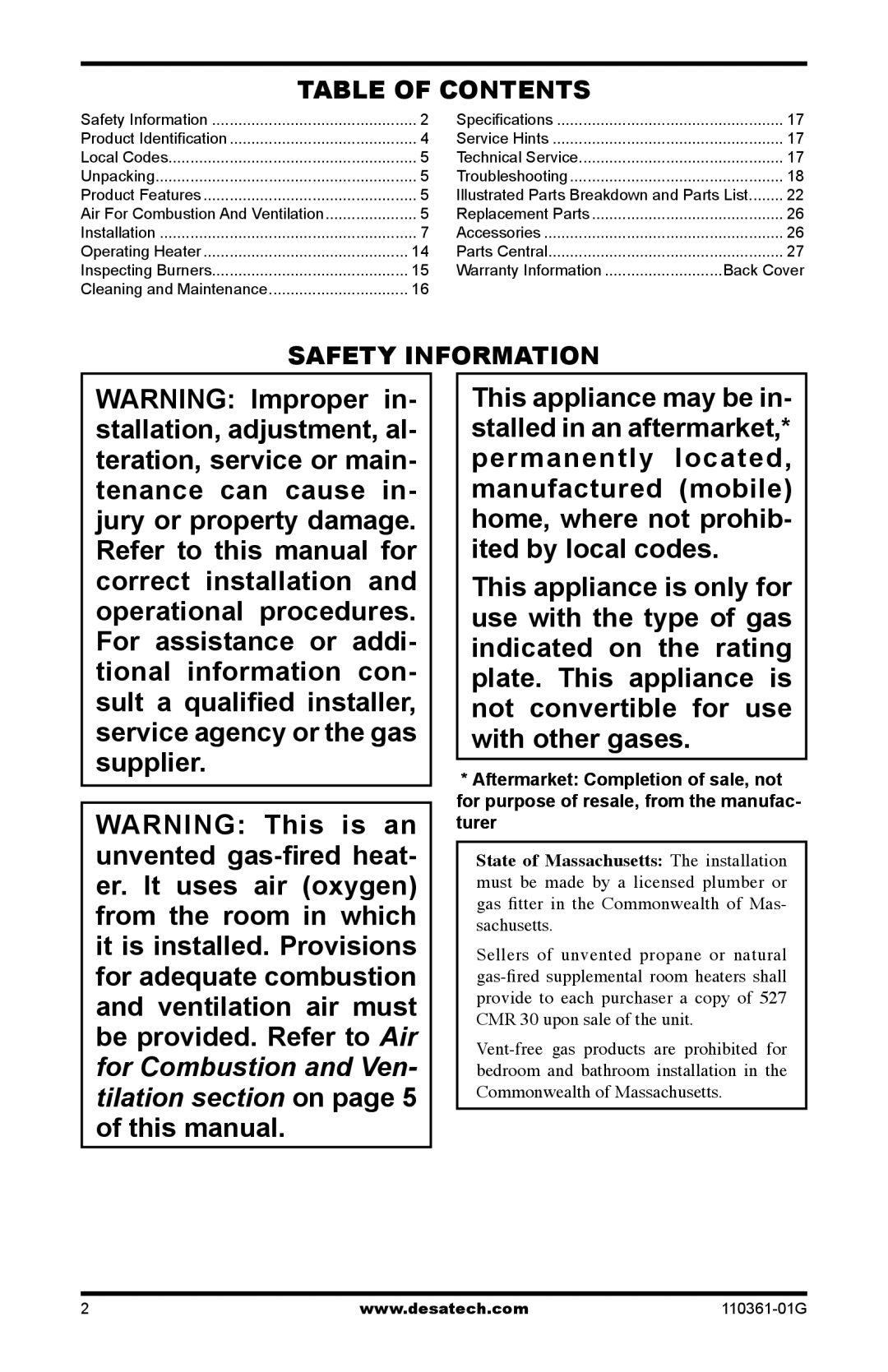 Desa S26NTA, S26PTA installation manual Table of Contents, Safety Information 