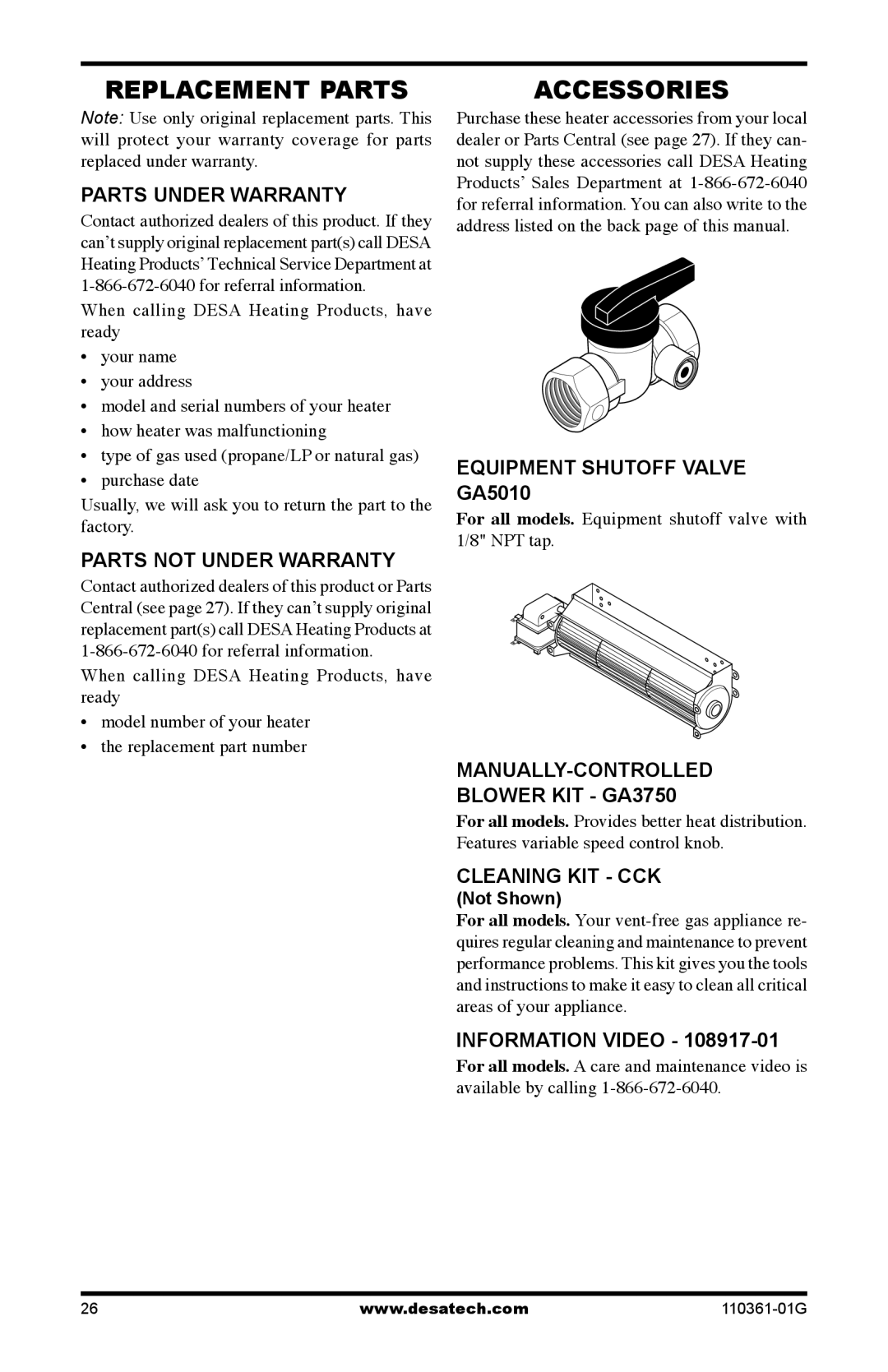 Desa S26NTA, S26PTA Replacement Parts, Accessories, Equipment Shutoff Valve GA5010, Blower KIT GA3750, Cleaning KIT CCK 