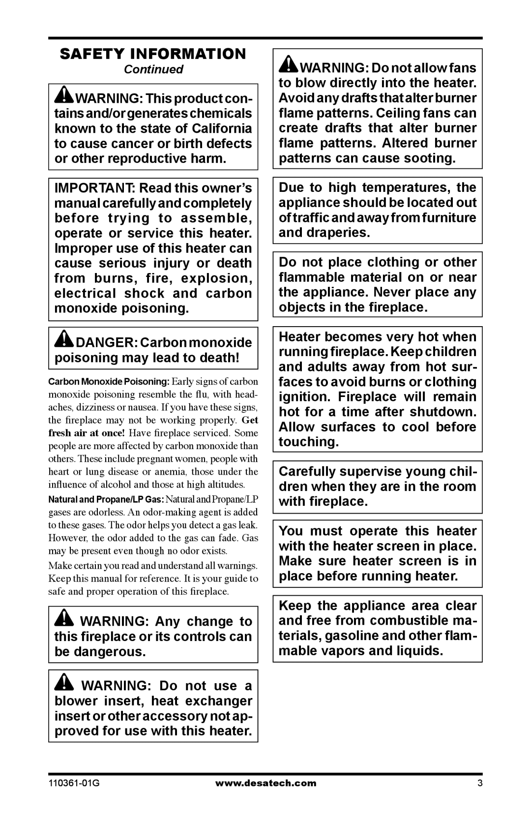 Desa S26PTA, S26NTA installation manual Safety Information, Poisoning may lead to death 