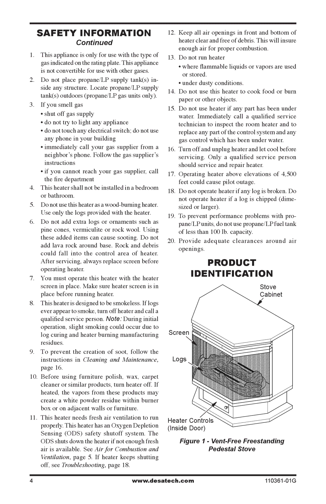 Desa S26NTA, S26PTA installation manual Product Identification, Vent-Free Freestanding Pedestal Stove 