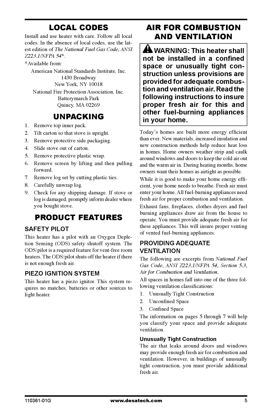 Desa S26PTA Local Codes, Unpacking, Product Features, Air For Combustion Ventilation, Providing Adequate Ventilation 