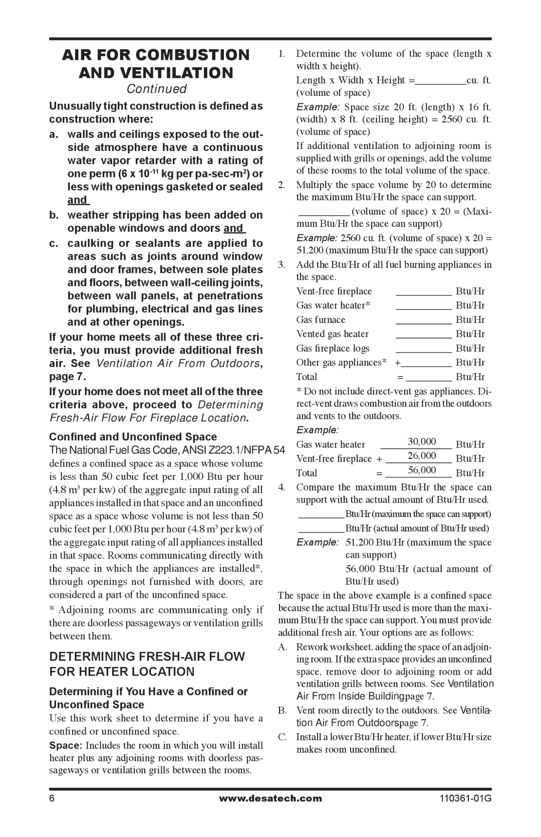 Desa S26NTA AIR for Combustion Ventilation, Determining FRESH-AIR Flow for heater Location, Confined and Unconfined Space 
