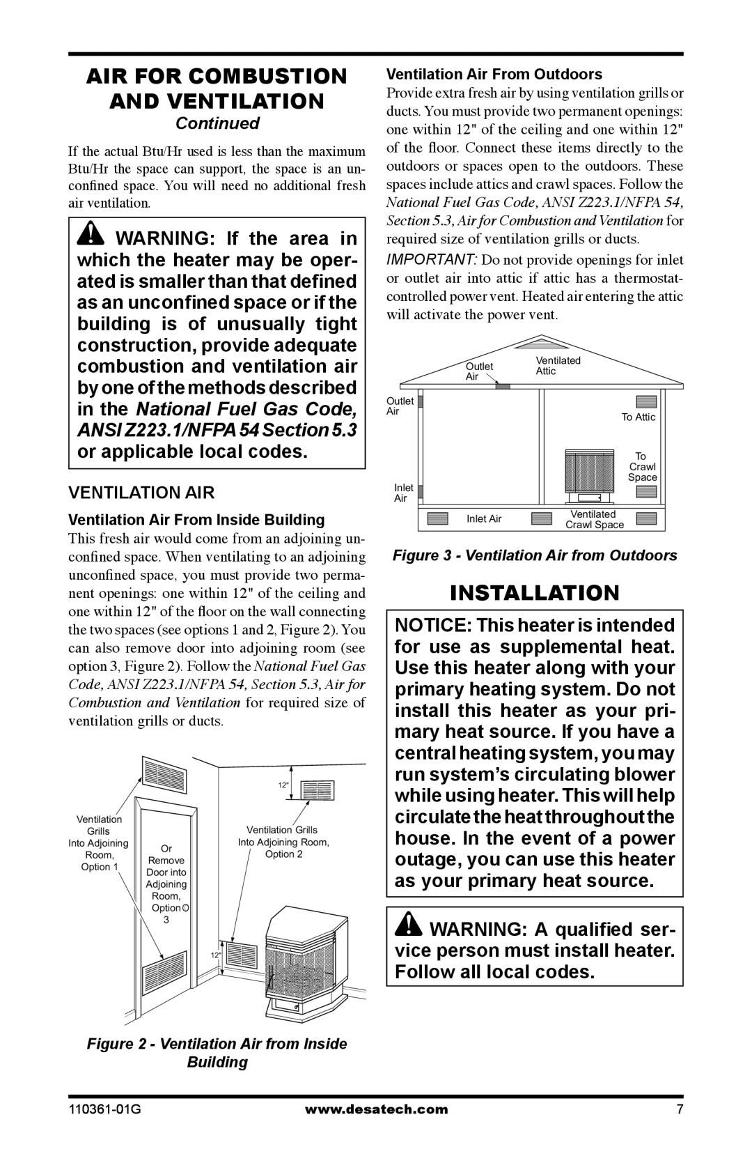 Desa S26PTA, S26NTA Installation, Ventilation AIR, Ventilation Air From Inside Building, Ventilation Air From Outdoors 