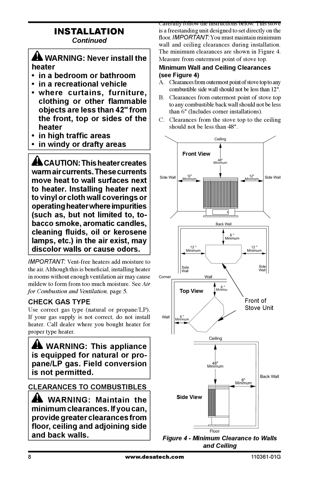 Desa S26NTA, S26PTA Check GAS Type, Clearances to Combustibles, Minimum Wall and Ceiling Clearances See Figure 