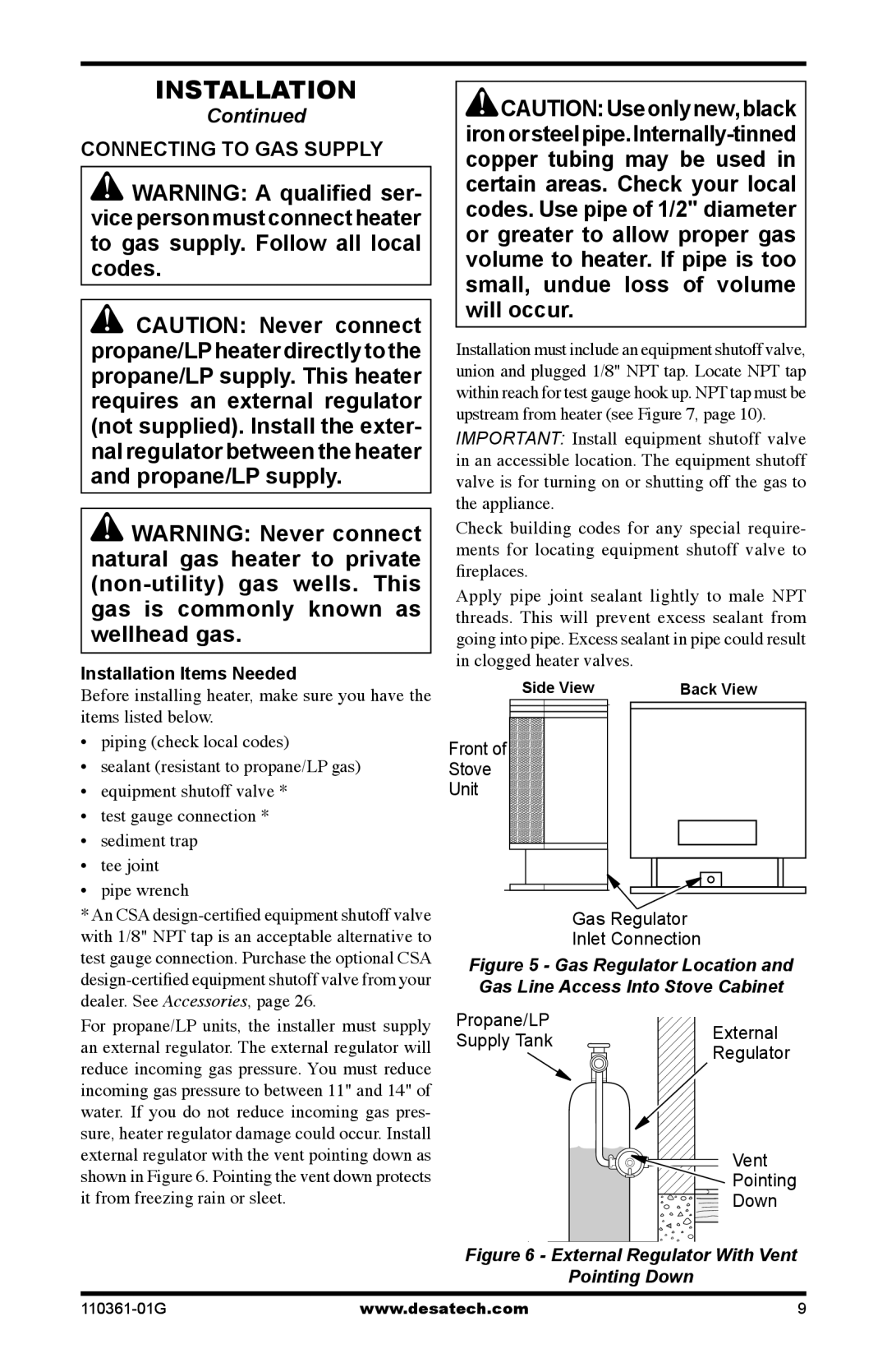 Desa S26PTA, S26NTA installation manual Connecting to GAS Supply, Installation Items Needed 