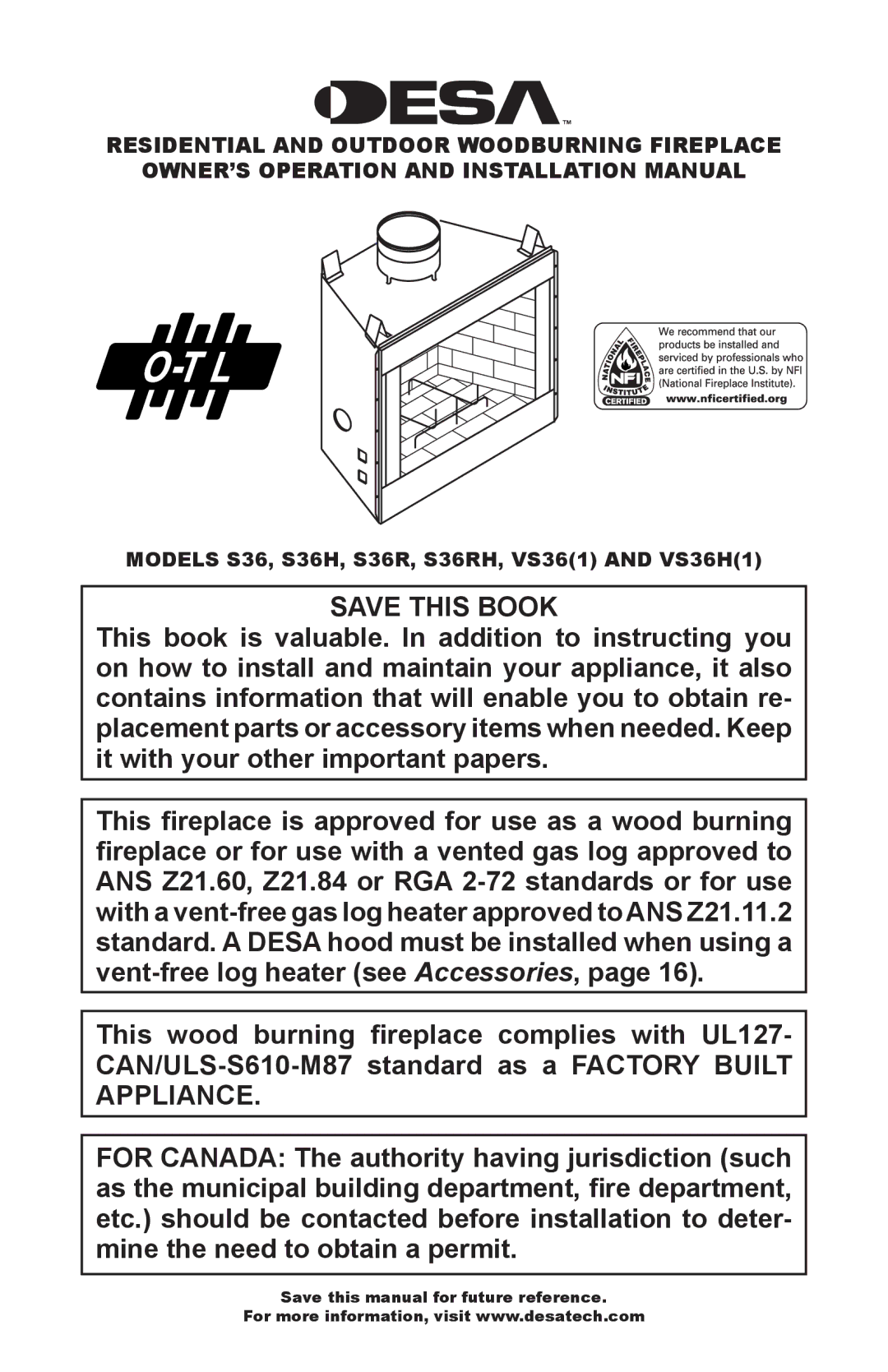 Desa VS36H(1), VS36(1) installation manual Save this Book, Models S36, S36H, S36R, S36RH, VS361 and VS36H1 