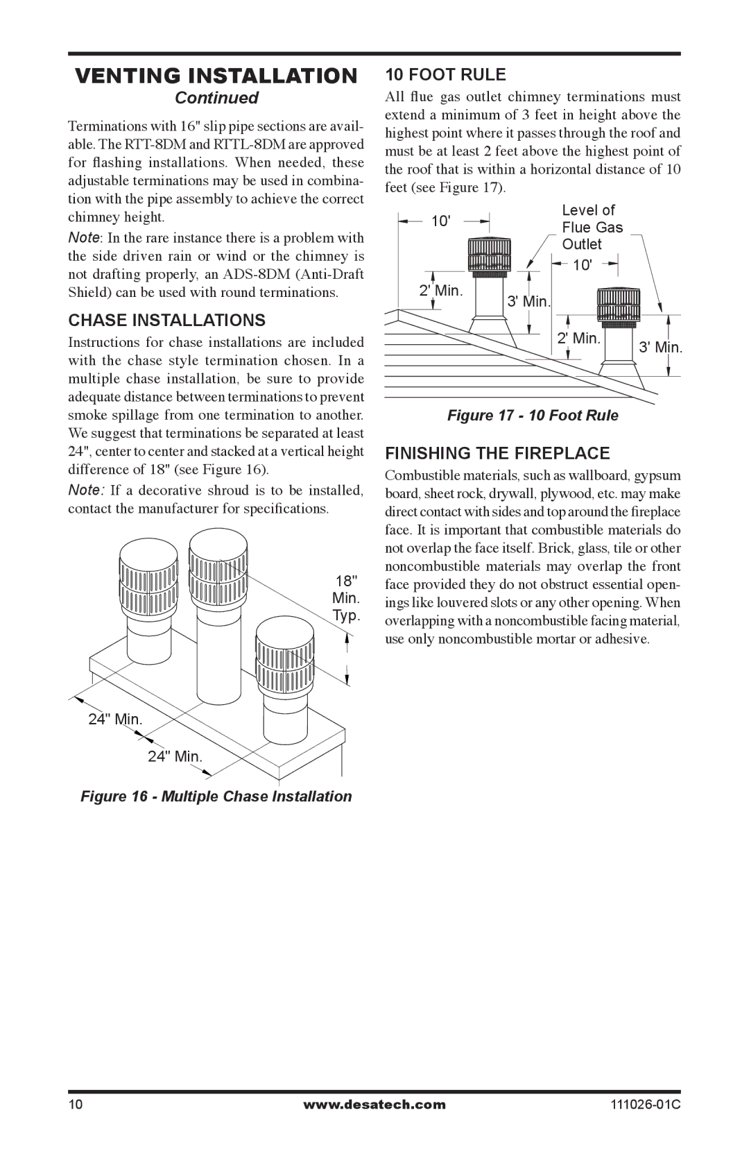 Desa VS36H(1), S36RH, VS36(1) installation manual Chase installations, Foot rule, Finishing the fireplace 