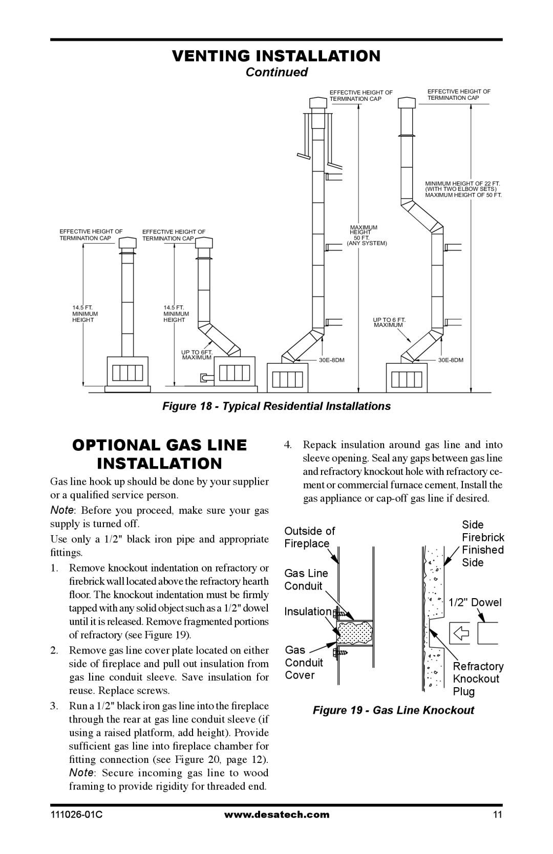 Desa VS36(1), S36RH, VS36H(1) installation manual Optional Gas Line Installation, Typical Residential Installations 