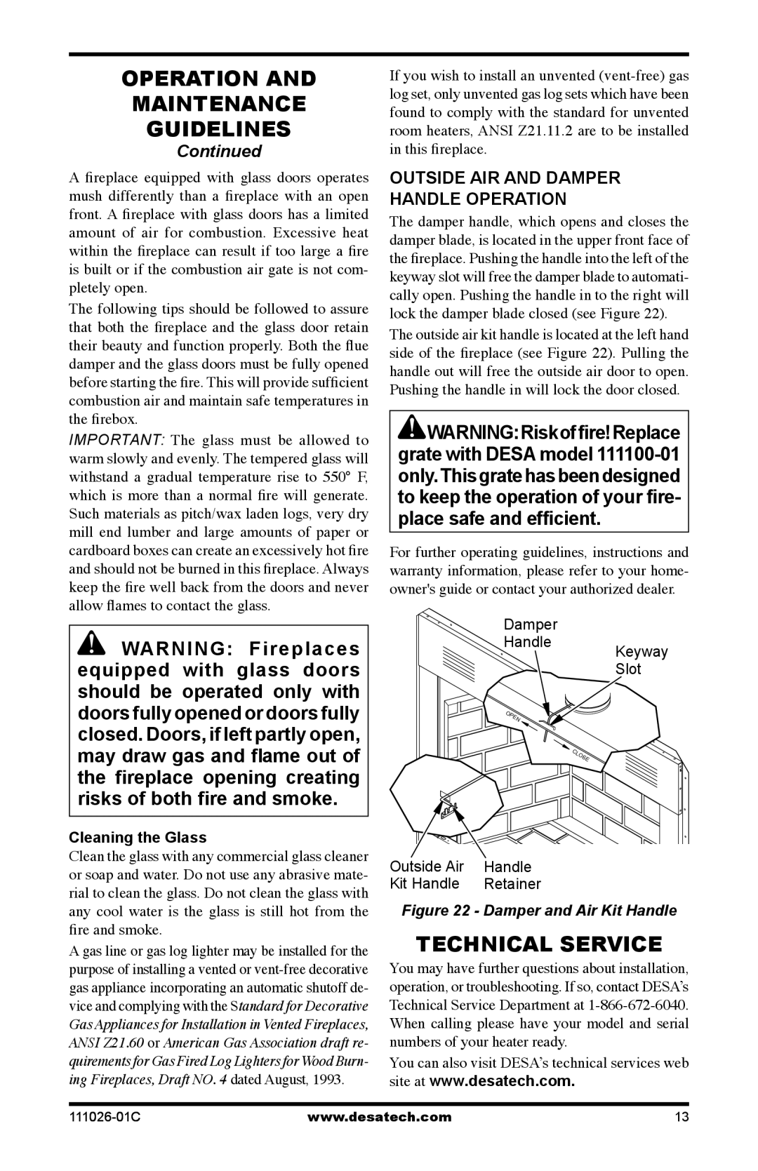 Desa S36RH, VS36H(1), VS36(1) Technical Service, Outside air and damper handle operation, Cleaning the Glass 