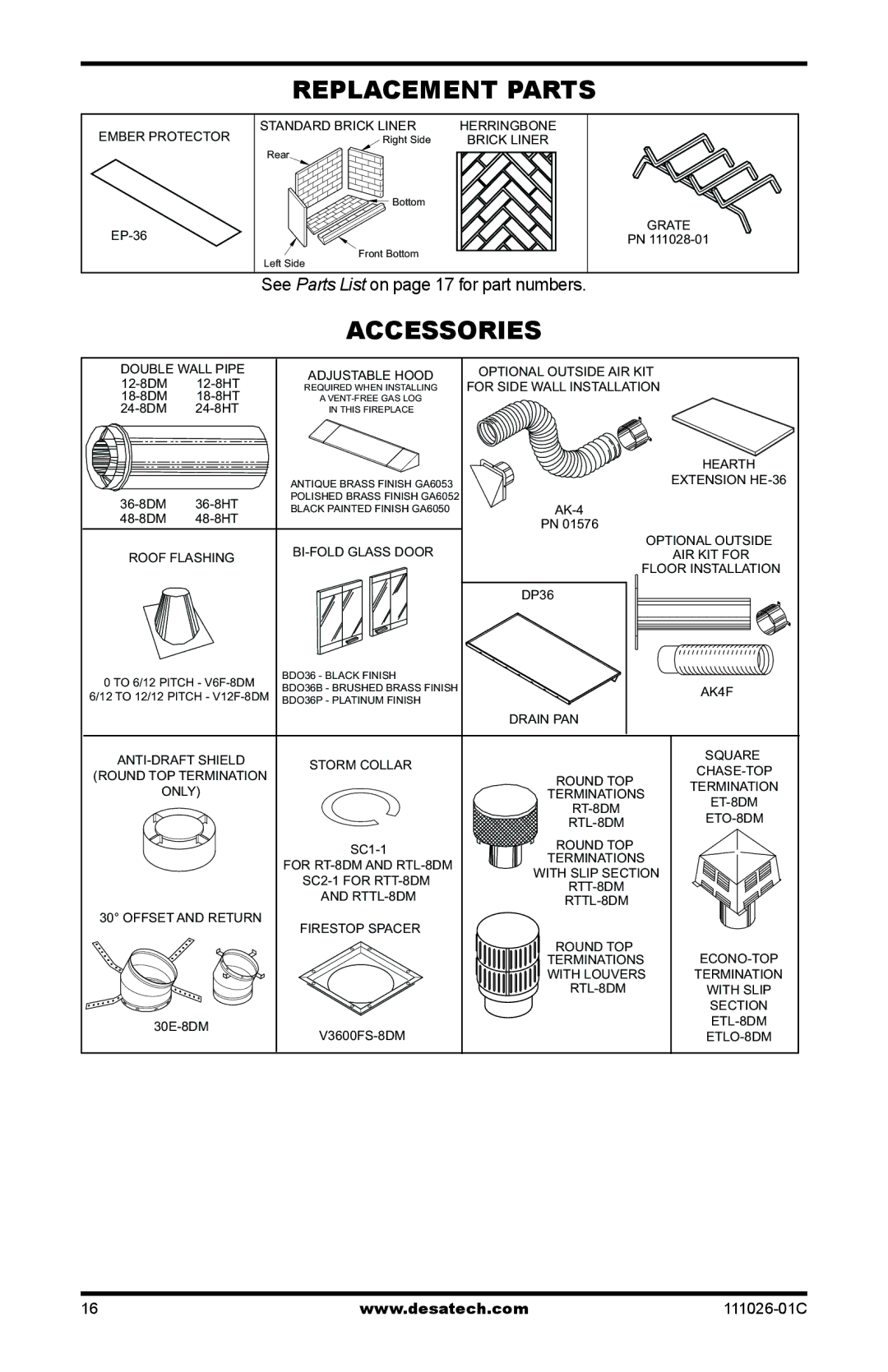 Desa VS36H(1), S36RH, VS36(1) installation manual Replacement Parts, Accessories 