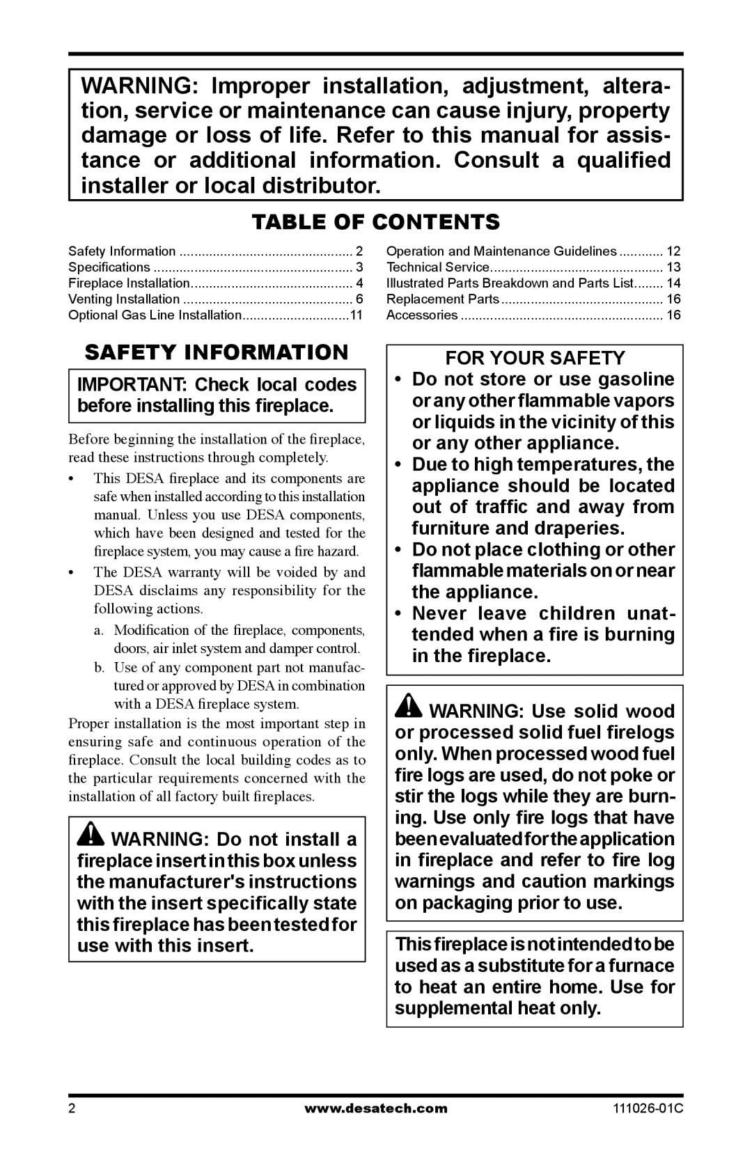 Desa S36RH, VS36H(1), VS36(1) installation manual Table of Contents, Safety Information 