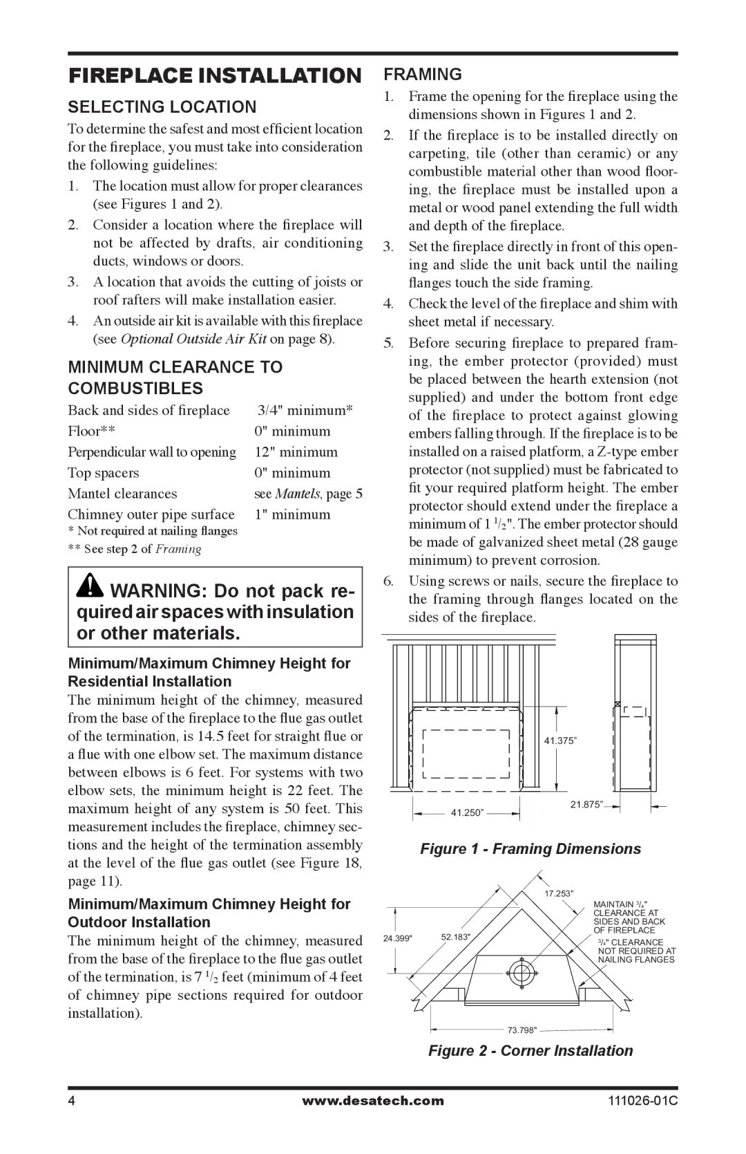 Desa VS36H(1), S36RH, VS36(1) Fireplace Installation, Selecting location, Minimum clearance to combustibles, Framing 