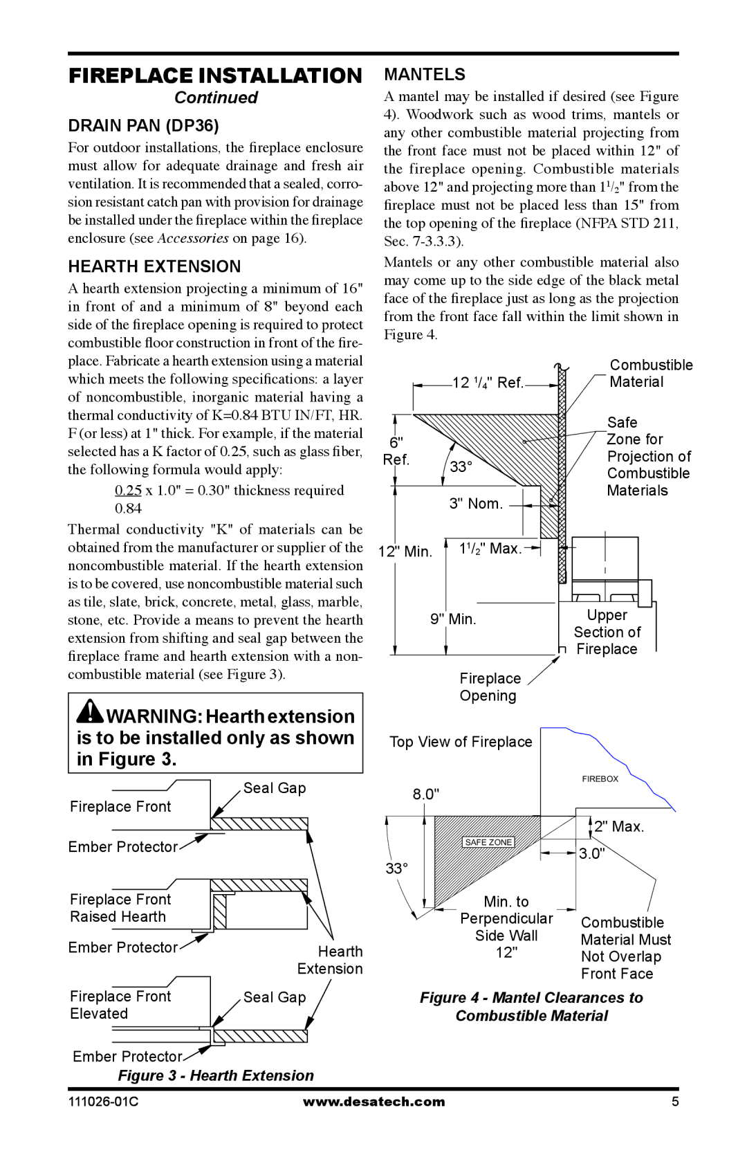 Desa VS36(1), S36RH, VS36H(1) installation manual Drain Pan DP36, Hearth Extension, Mantels 