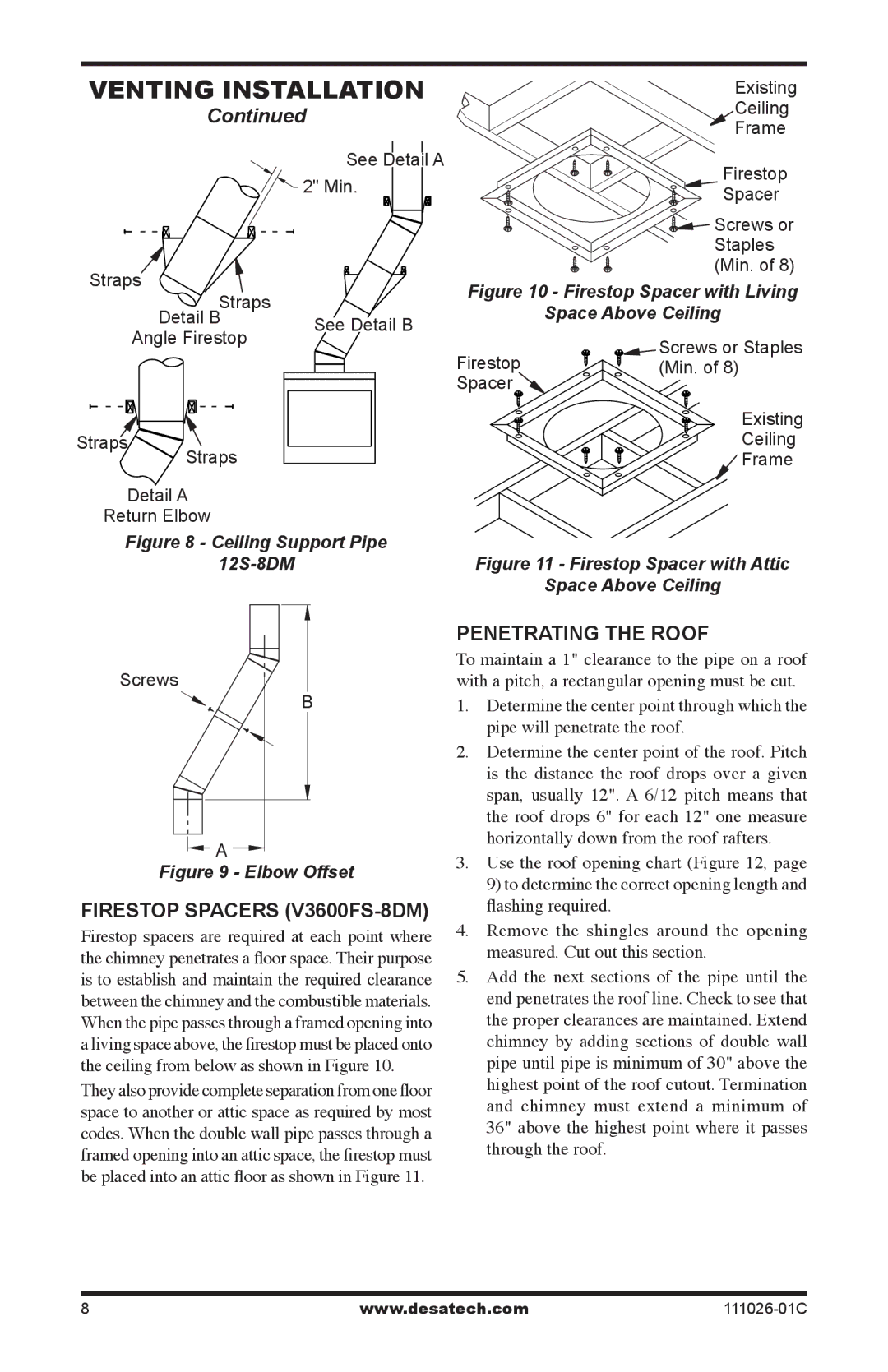 Desa S36RH, VS36H(1), VS36(1) installation manual Firestop Spacers V3600FS-8DM, Penetrating the roof 