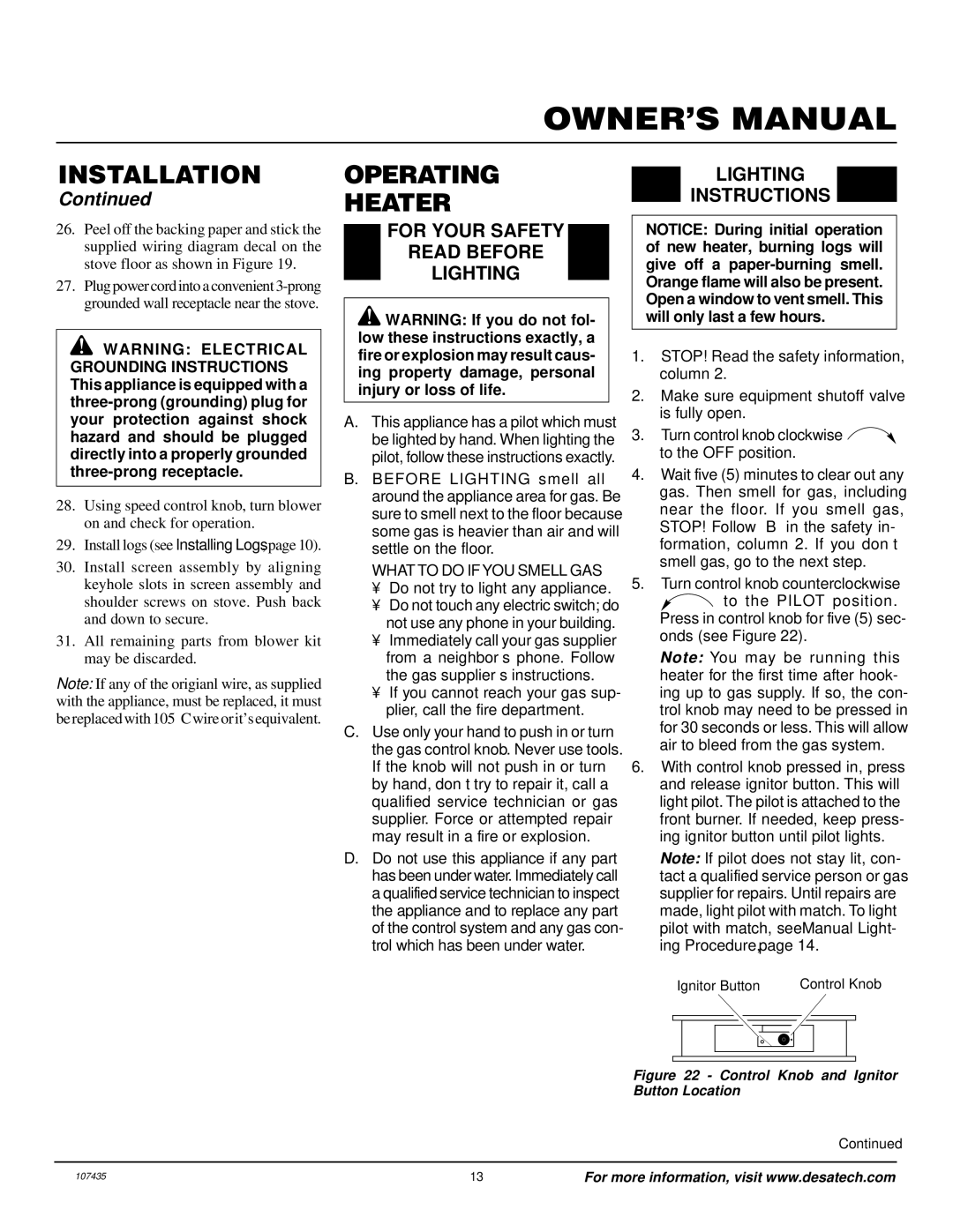 Desa S39PT installation manual Operating Heater, For Your Safety Read Before Lighting, Lighting Instructions 