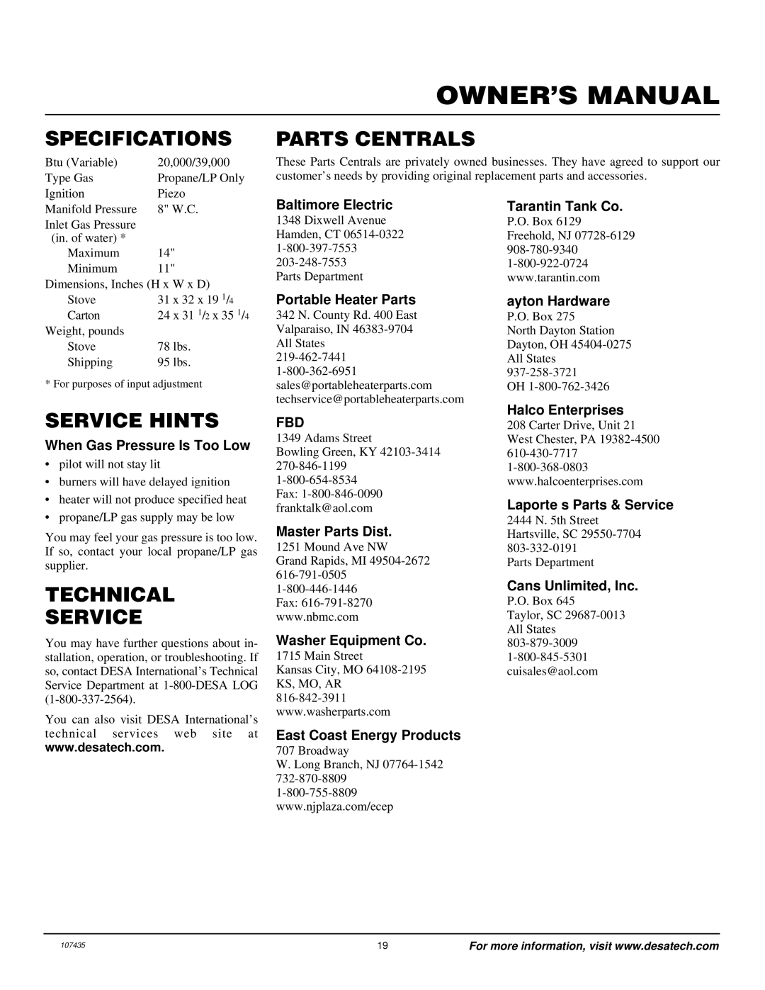 Desa S39PT installation manual Specifications, Parts Centrals, Service Hints, Technical Service 