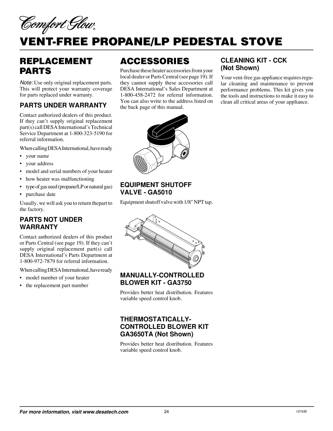 Desa S39PT installation manual Replacement Parts, Accessories 