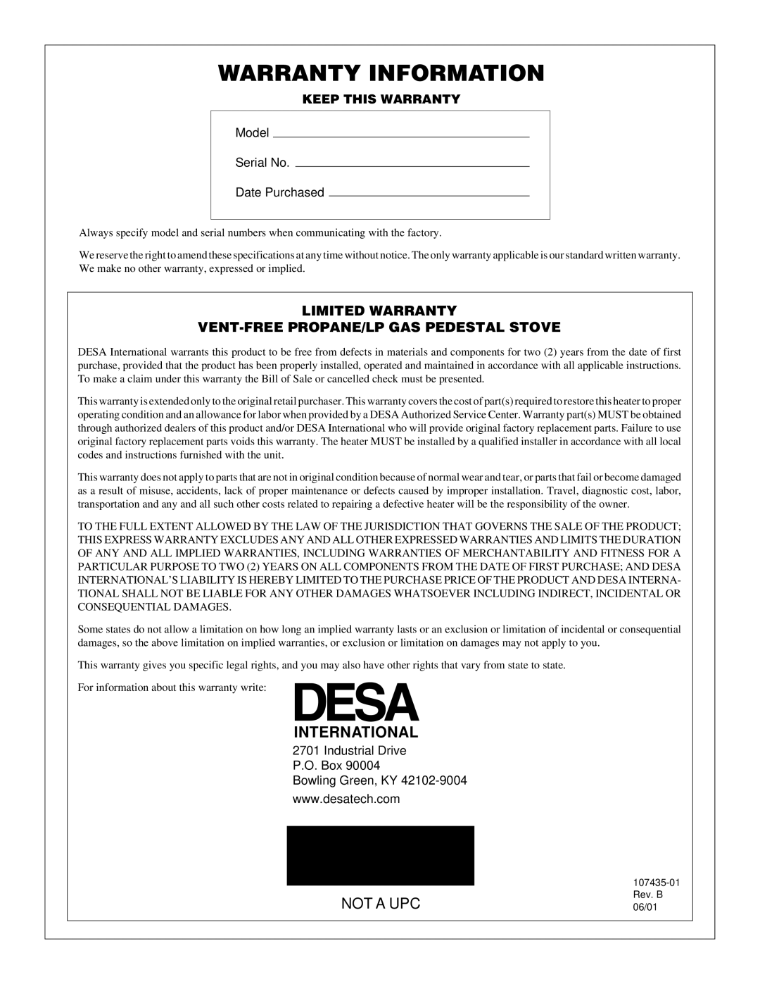 Desa S39PT installation manual Warranty Information, International 