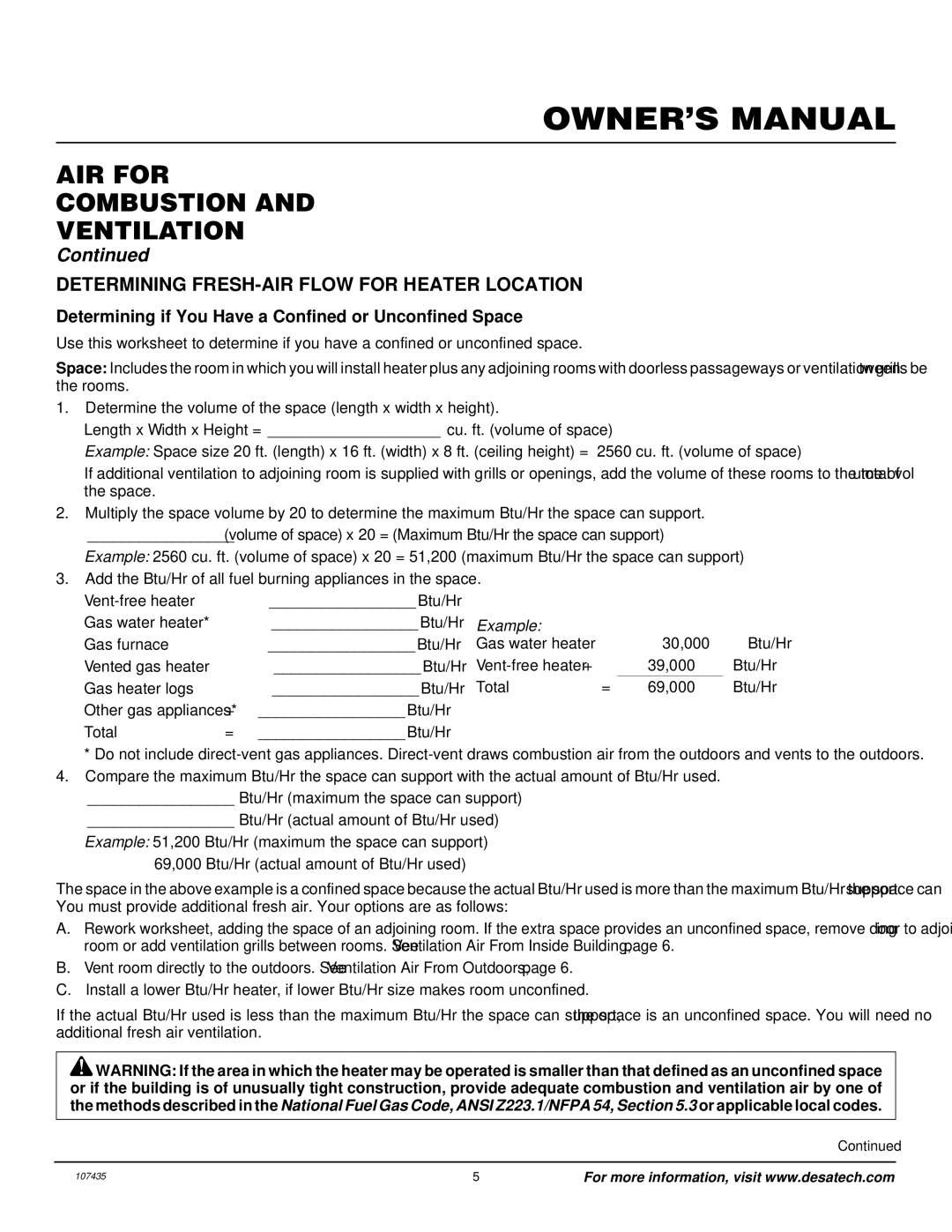 Desa S39PT installation manual AIR for Combustion Ventilation, Determining FRESH-AIR Flow for Heater Location 