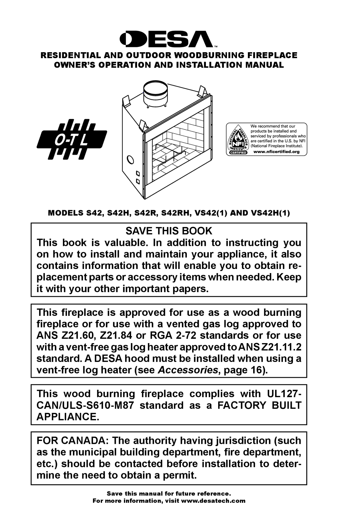 Desa S42RH, VS42(1), VS42H(1) installation manual Save this Book 