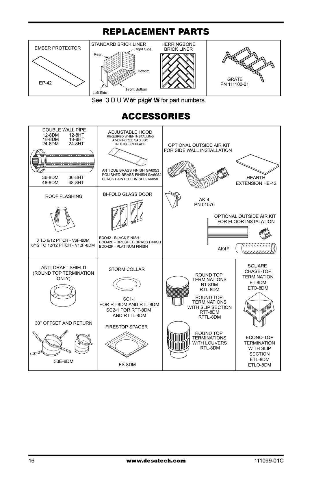 Desa VS42(1), S42RH, VS42H(1) installation manual Replacement Parts, Accessories 