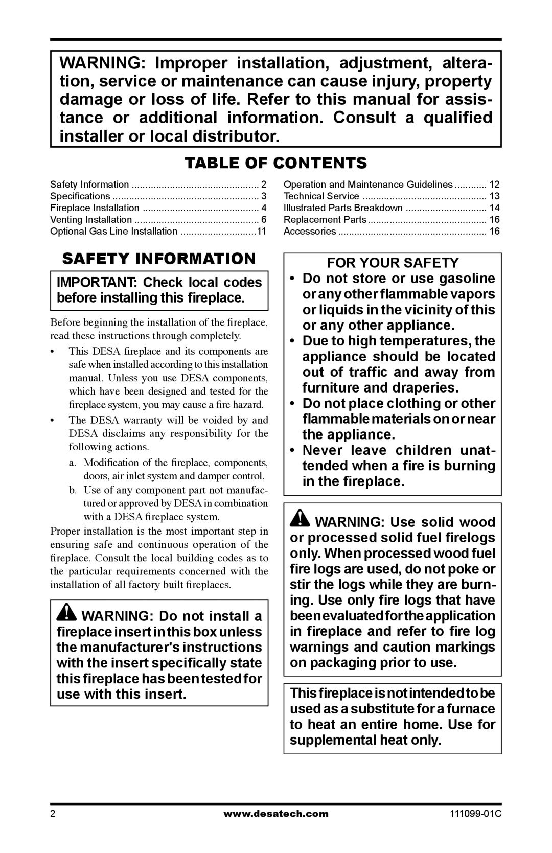 Desa S42RH, VS42(1), VS42H(1) installation manual Table of Contents, Safety Information 