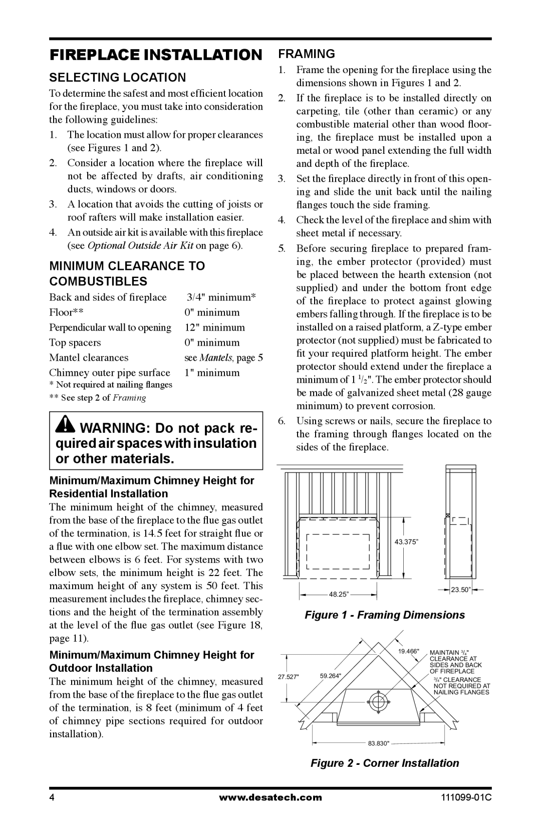 Desa VS42(1), S42RH, VS42H(1) installation manual Selecting Location, Minimum Clearance to Combustibles, Framing 