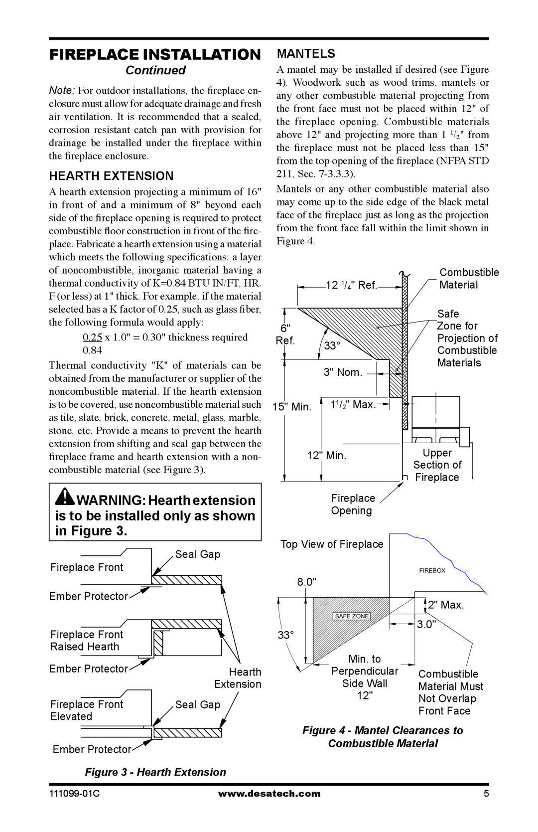 Desa VS42H(1), S42RH, VS42(1) installation manual Hearth Extension, Mantels 