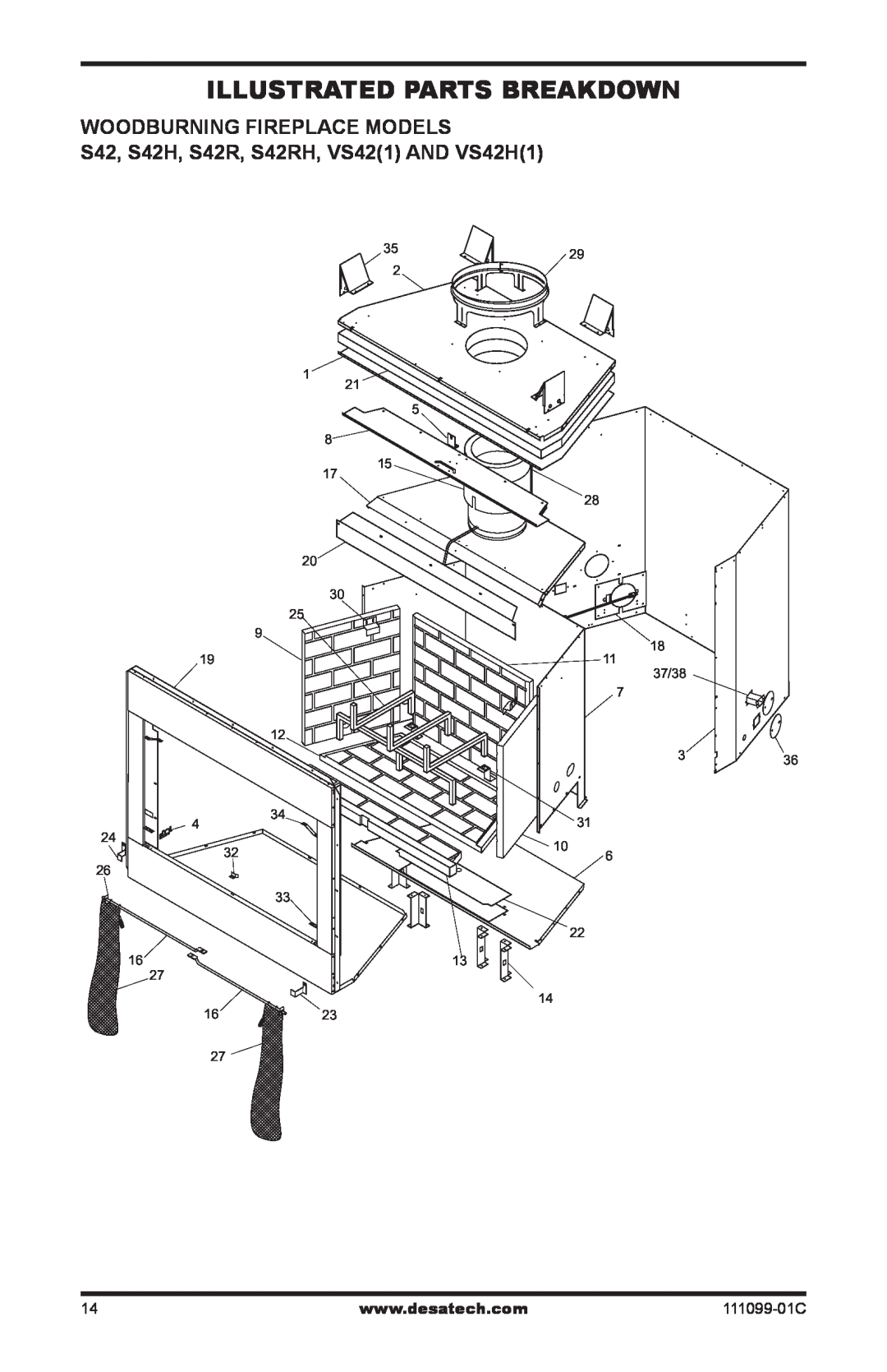 Desa VS42(1) Illustrated Parts Breakdown, Woodburning Fireplace Models, S42, S42H, S42R, S42RH, VS421 AND VS42H1 
